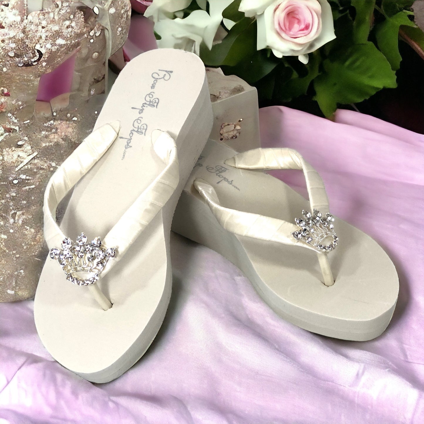 Purple Round Jewel Satin Flip Flops in Wedge or Flat Sandals
