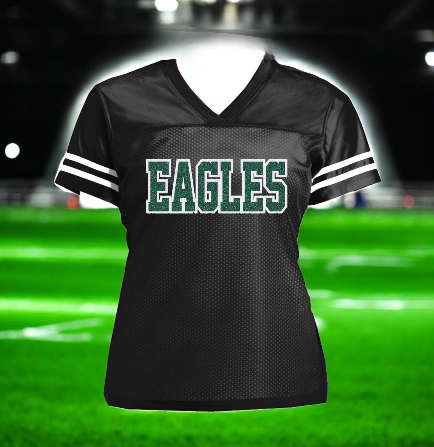 Philadelphia Eagles Glitter Women’s Jersey Football Shirt, Philly, White with Emerald Green & Black Sparkles