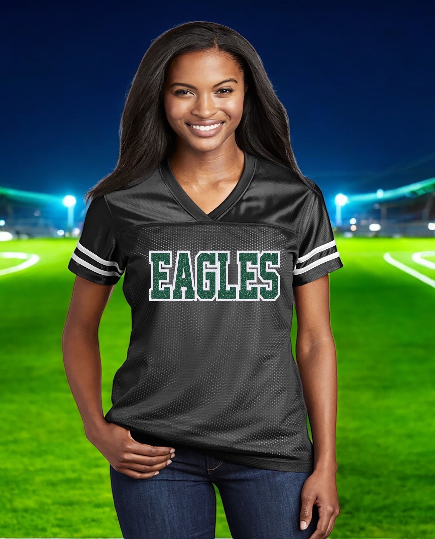 Philadelphia Eagles Glitter Women’s Jersey Football Shirt, Philly, White with Emerald Green & Black Sparkles