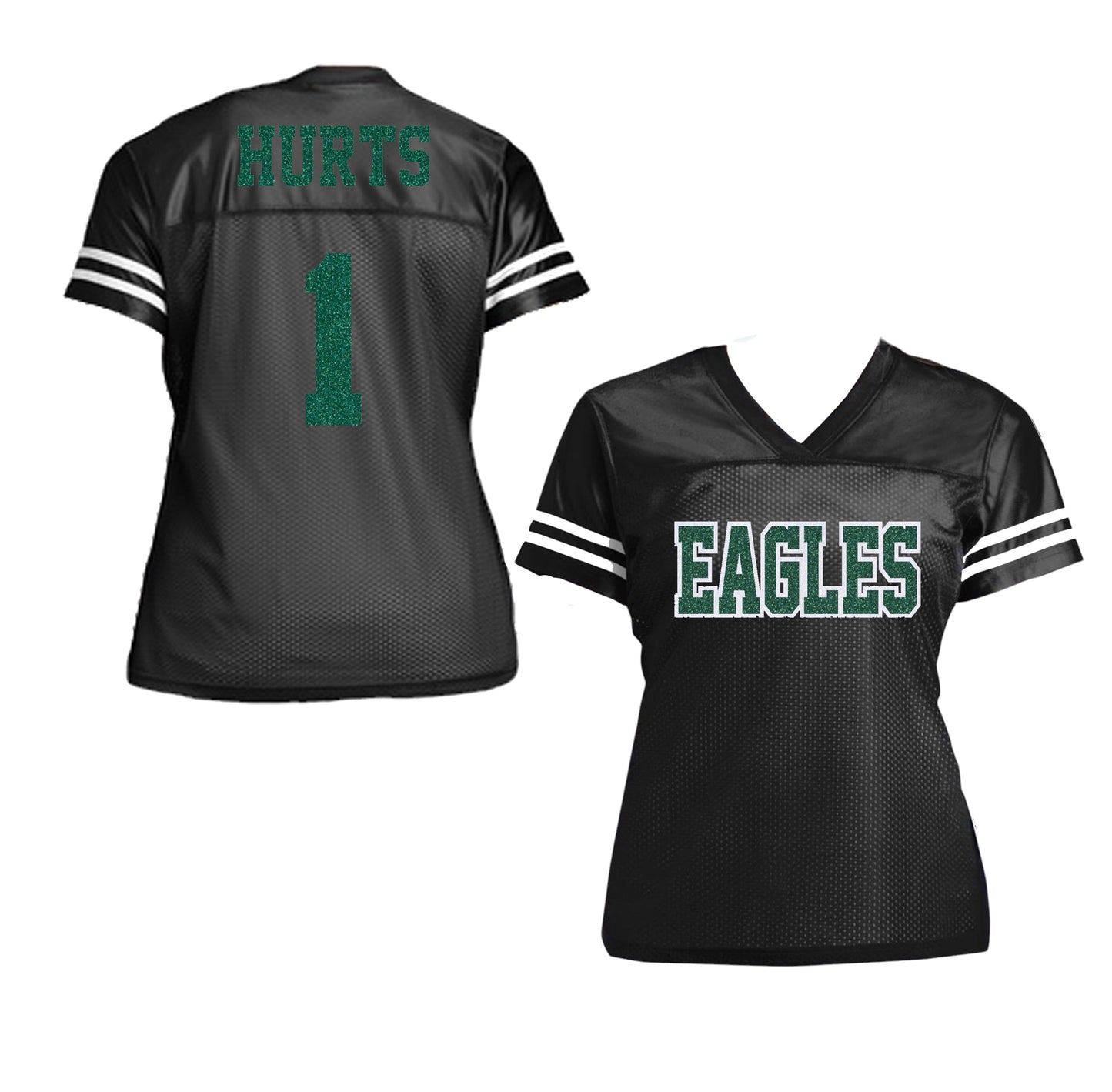 Philadelphia Eagles Glitter Women’s Jersey Football Shirt, Philly, White with Emerald Green & Black Sparkles