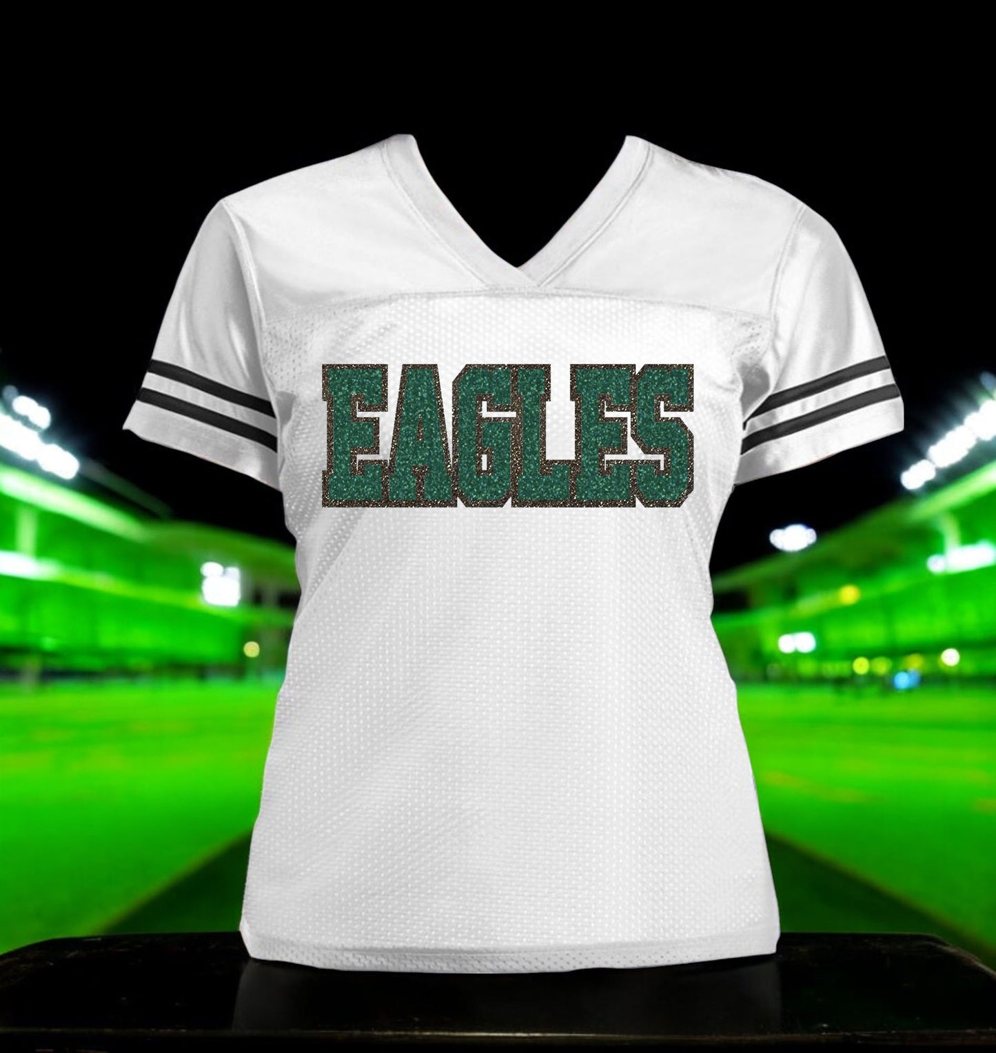 Philadelphia Eagles Glitter Women’s Jersey Football Shirt, Philly, White with Emerald Green & Black Sparkles