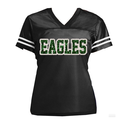 Eagles Glitter Women’s Jersey Football Shirt, Black White & Emerald Green