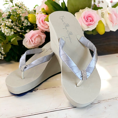 Vintage Flower Rhinestone Embellishment Flip Flops with White 2 Inch Heel
