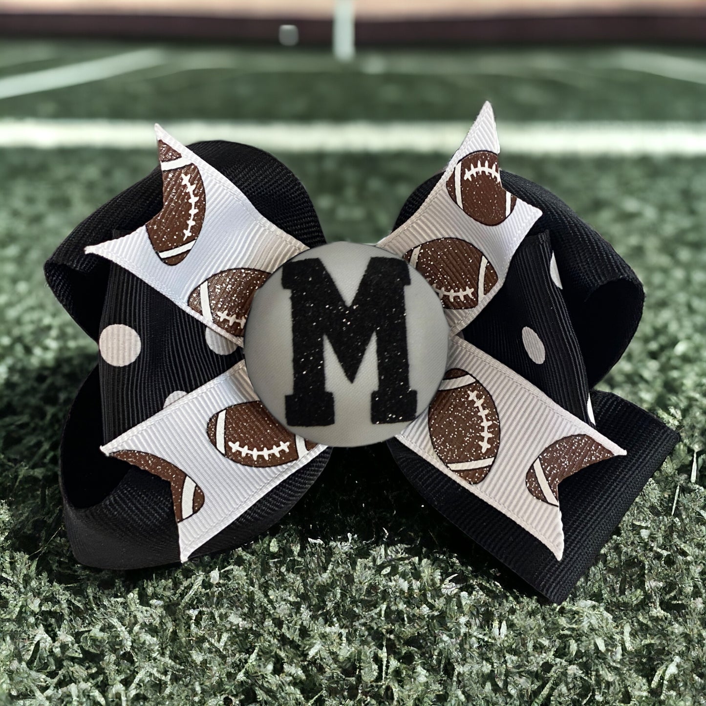 Glitter Football Hair Bow with Initial, Black White Gray or Choose Colors