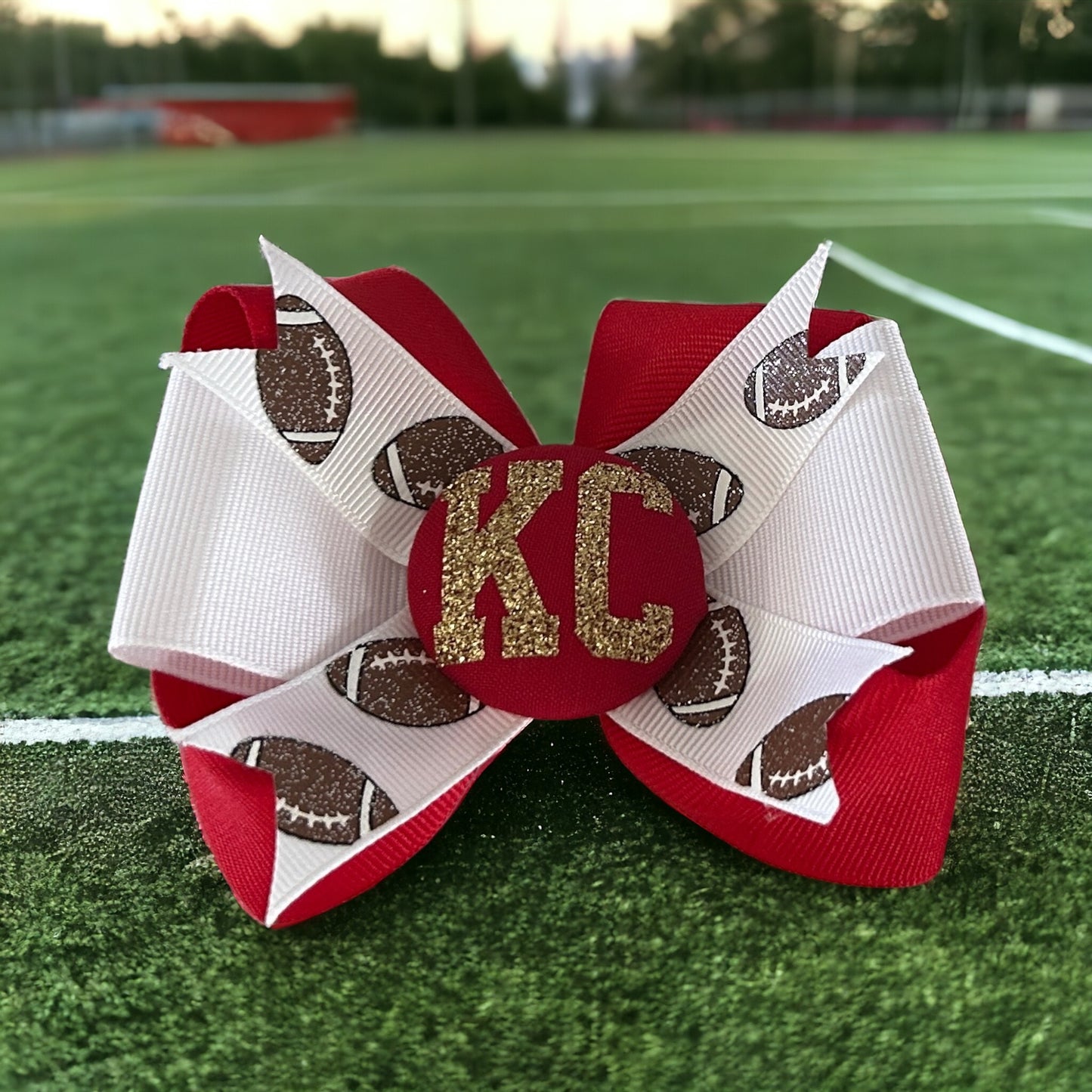Football Glitter Hair Bow with Number or Initials, KC Chiefs Red Gold White