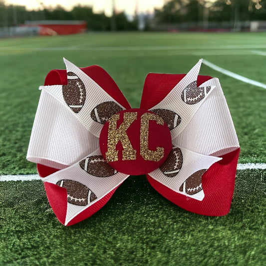 Football Glitter Hair Bow with Number or Initials, KC Chiefs Red Gold White