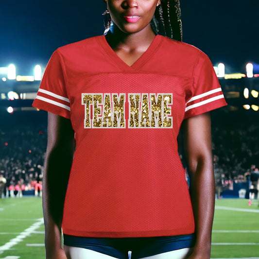 Red Gold Glitter Personalized Football Jersey Shirt for Ladies and Moms