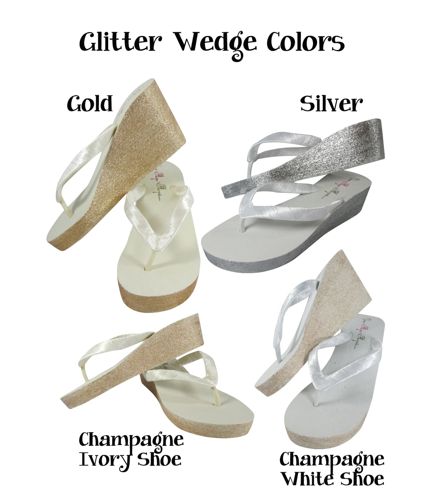 Gold Glitter 2 Inch Wedge Heel Flip Flops, Choose Height & Colors