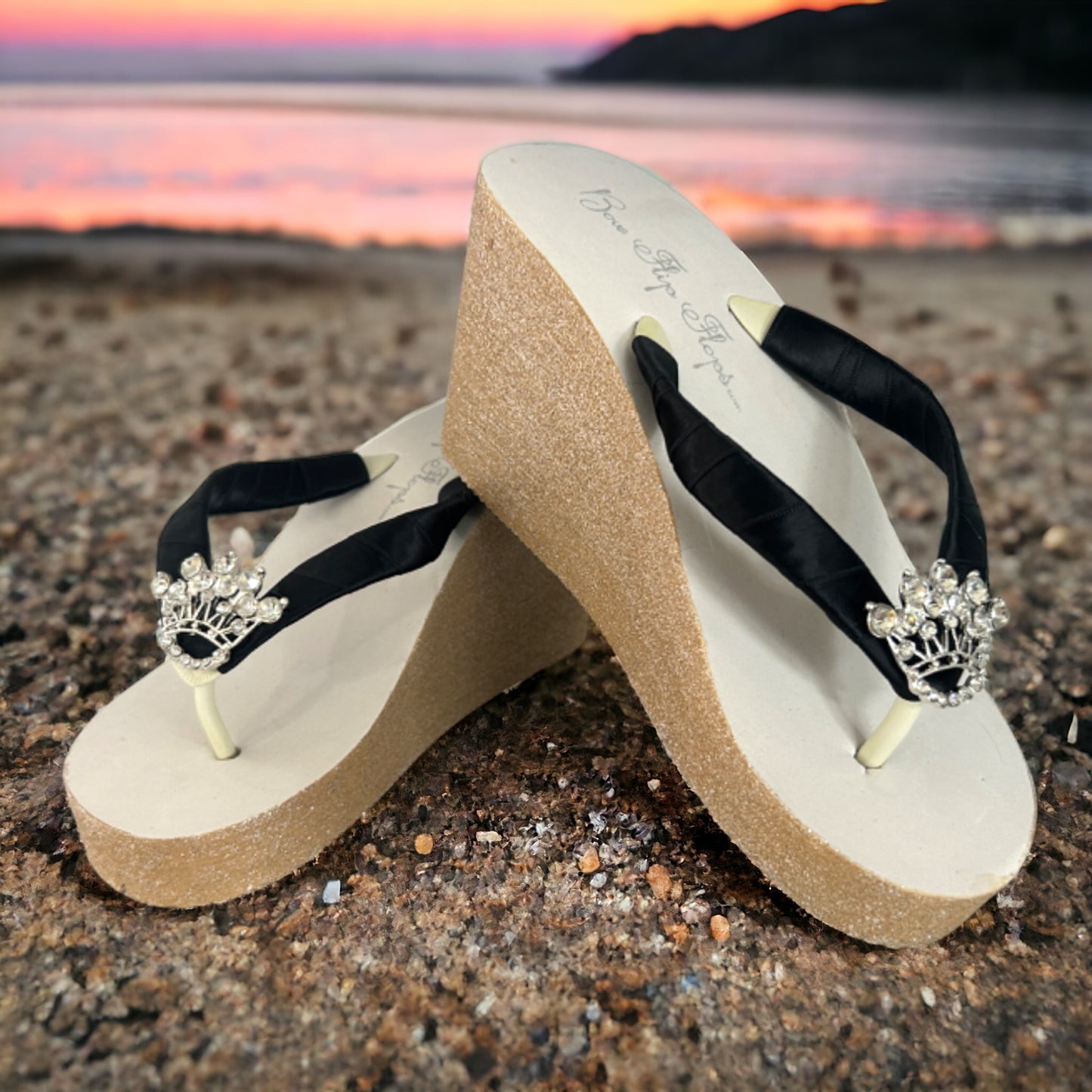 Wedge Heel Glitter Flip Flops, Rhinestone Princess Tiara, Ivory Black Champagne, Choose Your Colors