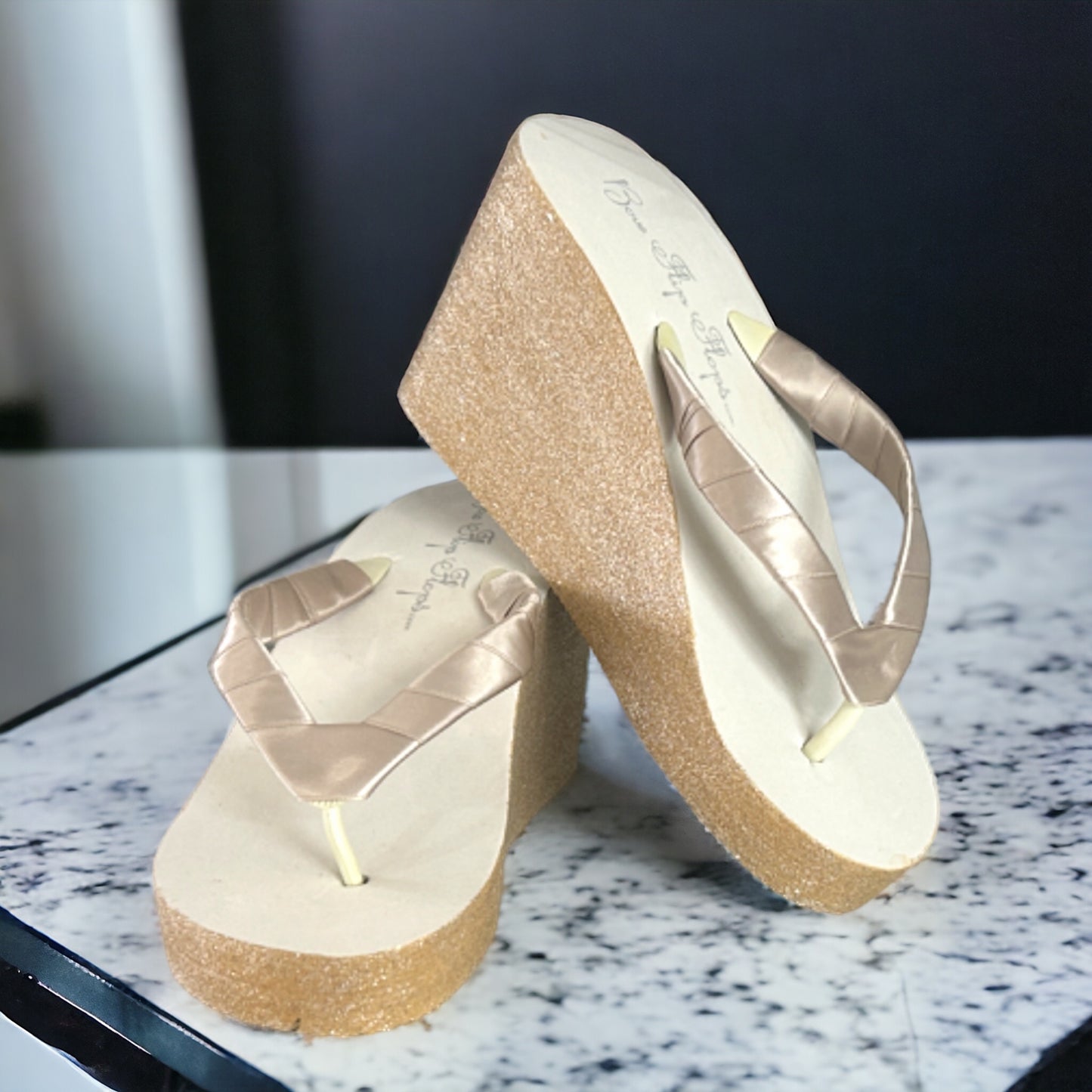 Gold Glitter 2 Inch Wedge Heel Flip Flops, Choose Height & Colors