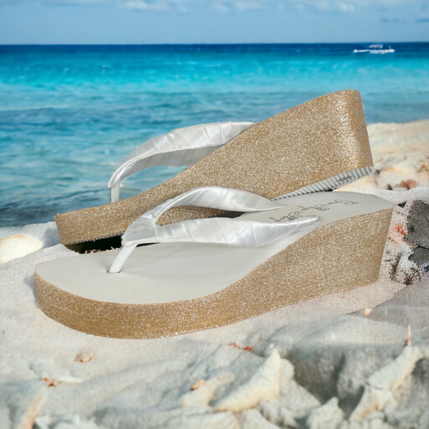 Gold Glitter 2 Inch Wedge Heel Flip Flops, Choose Height & Colors