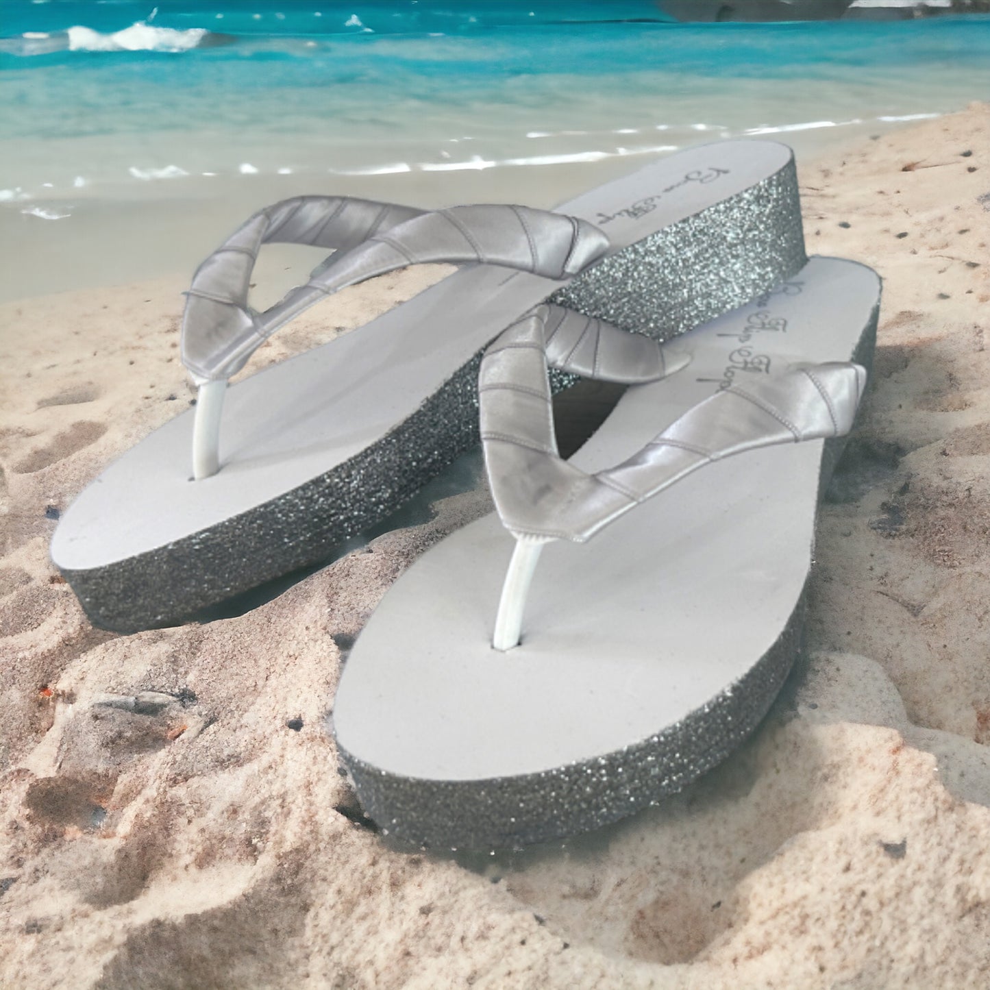 Gold Glitter 2 Inch Wedge Heel Flip Flops, Choose Height & Colors