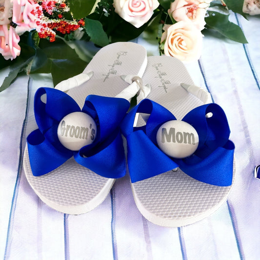 Groom's Mom Bow Flip Flops, Electric Blue White & Silver