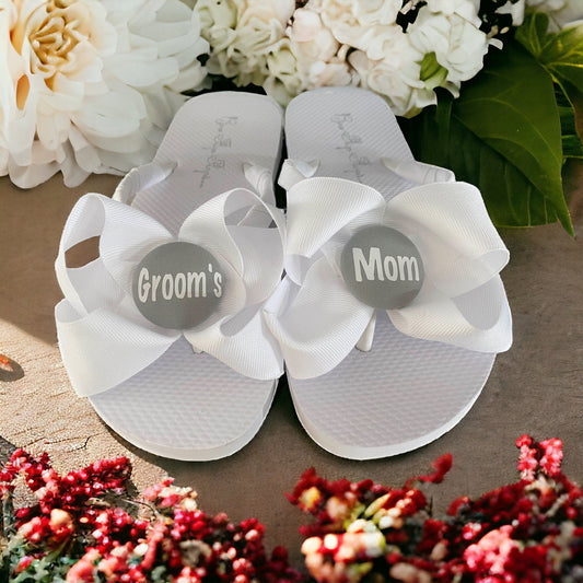 White Bow Groom's Mom Flip Flops with Gray