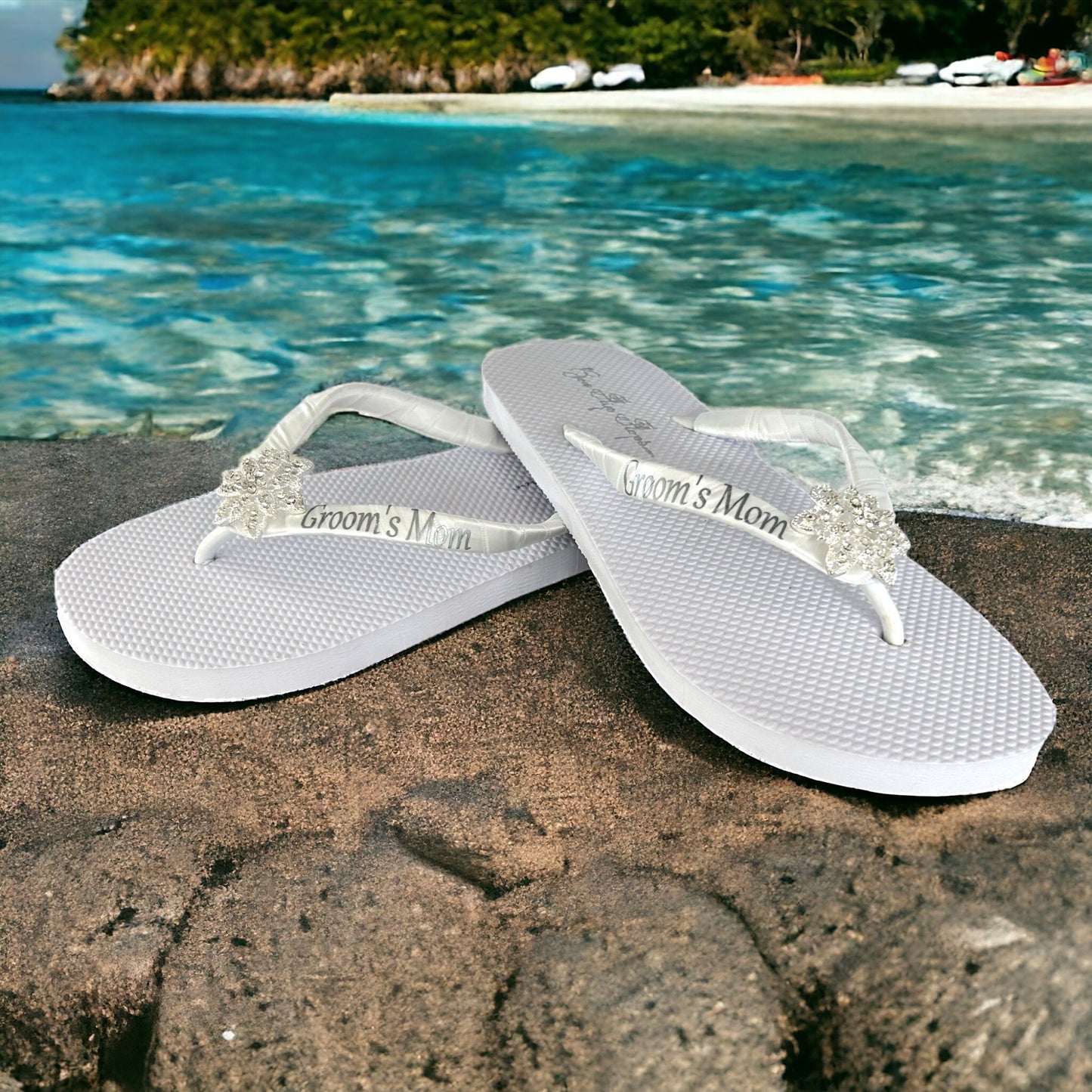 Wifey Flip Flops with Rhinestone Lace Embellishment , White Ivory & Silver