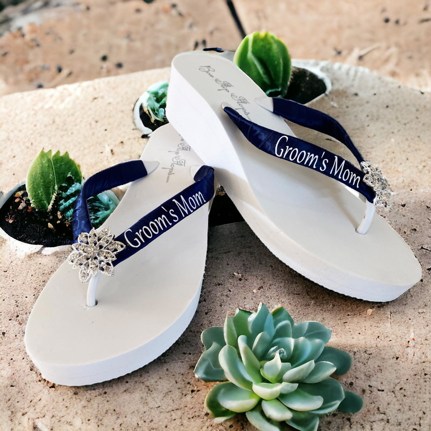 Wifey Flip Flops with Rhinestone Lace Embellishment , White Ivory & Silver