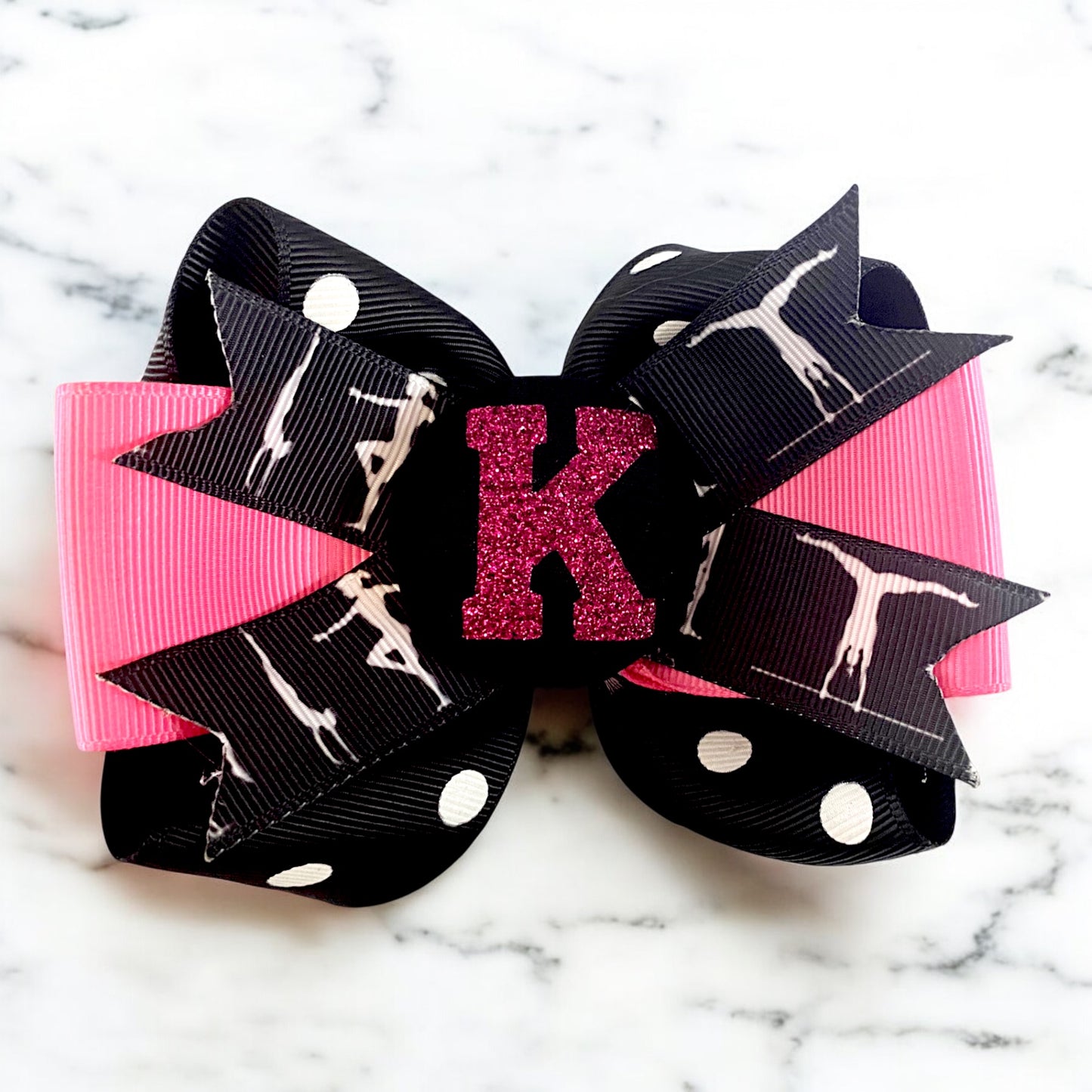 Hot Pink Gymnastics Hair Bow with Glitter Initial for Girls, Black White Choose Your Colors