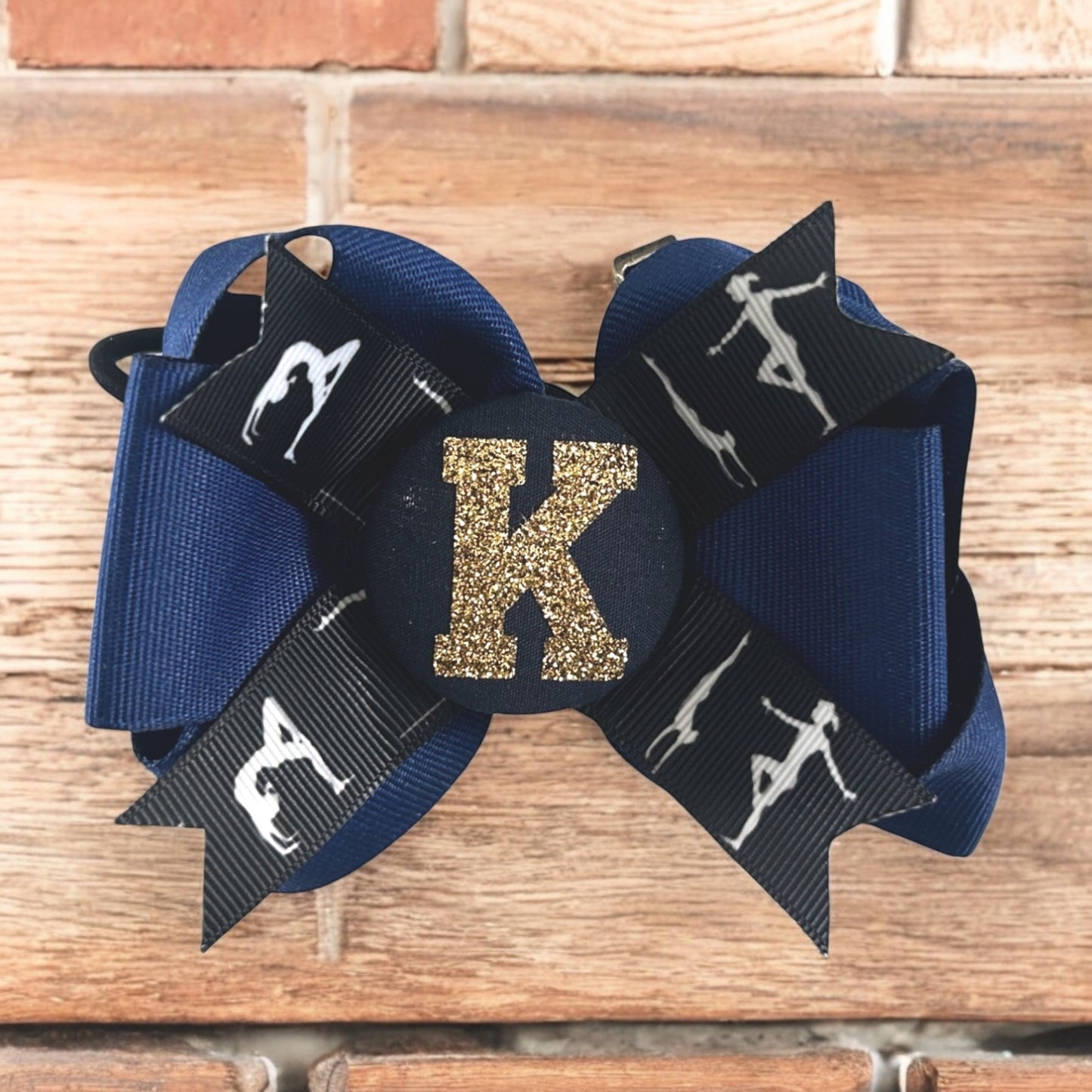 Hot Pink Gymnastics Hair Bow with Glitter Initial for Girls, Black White Choose Your Colors