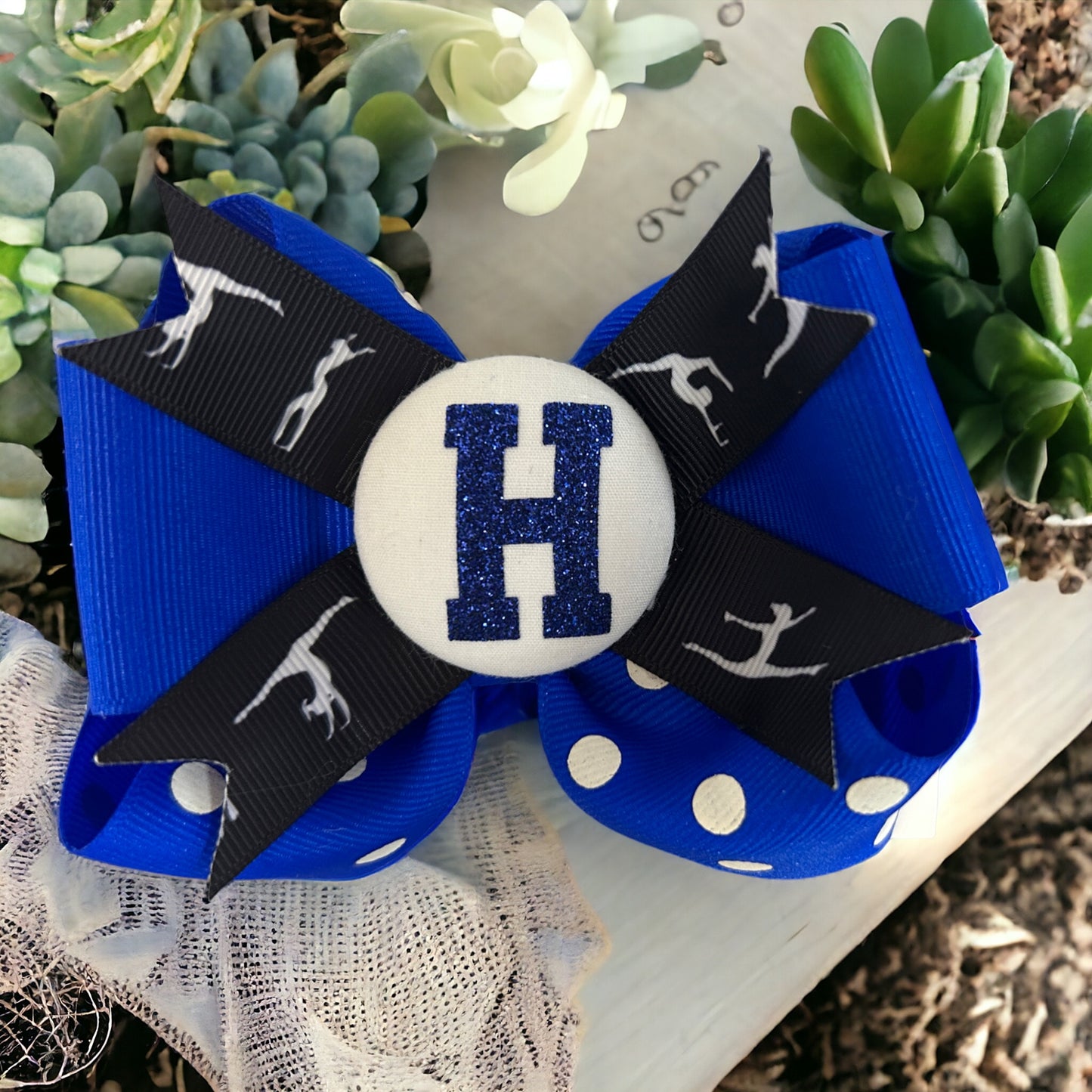 Gymnastics Ribbon Hair Bow in Black & Pink Personalized Glitter or Choose Team Colors