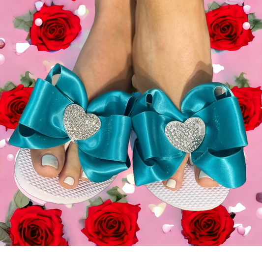 Customized Rhinestone Embellishment Bow Flip Flops , Turquoise Heart