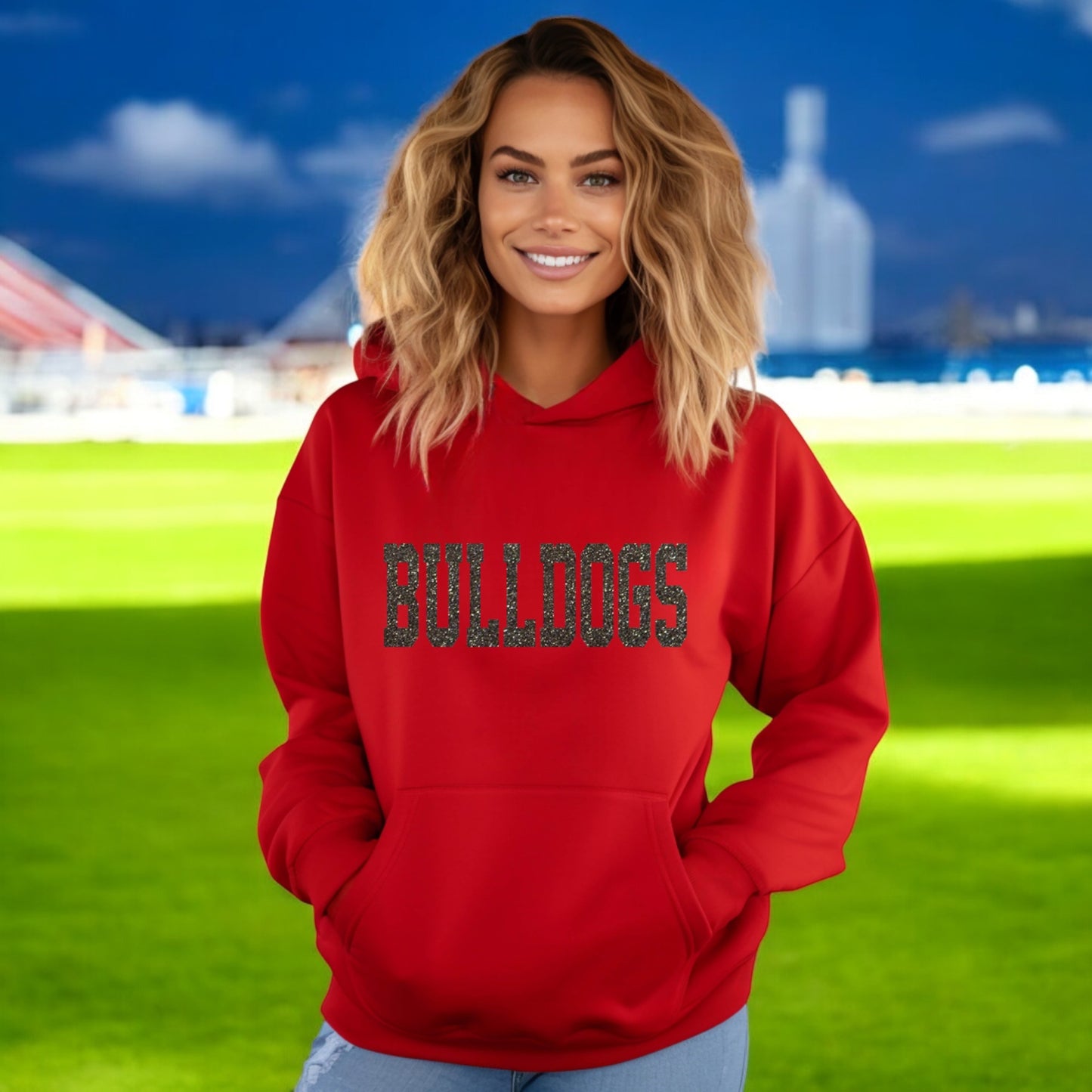 Red Bulldogs Glitter Hoodie Sweatshirt, Choose any Team School College Name, Georgia