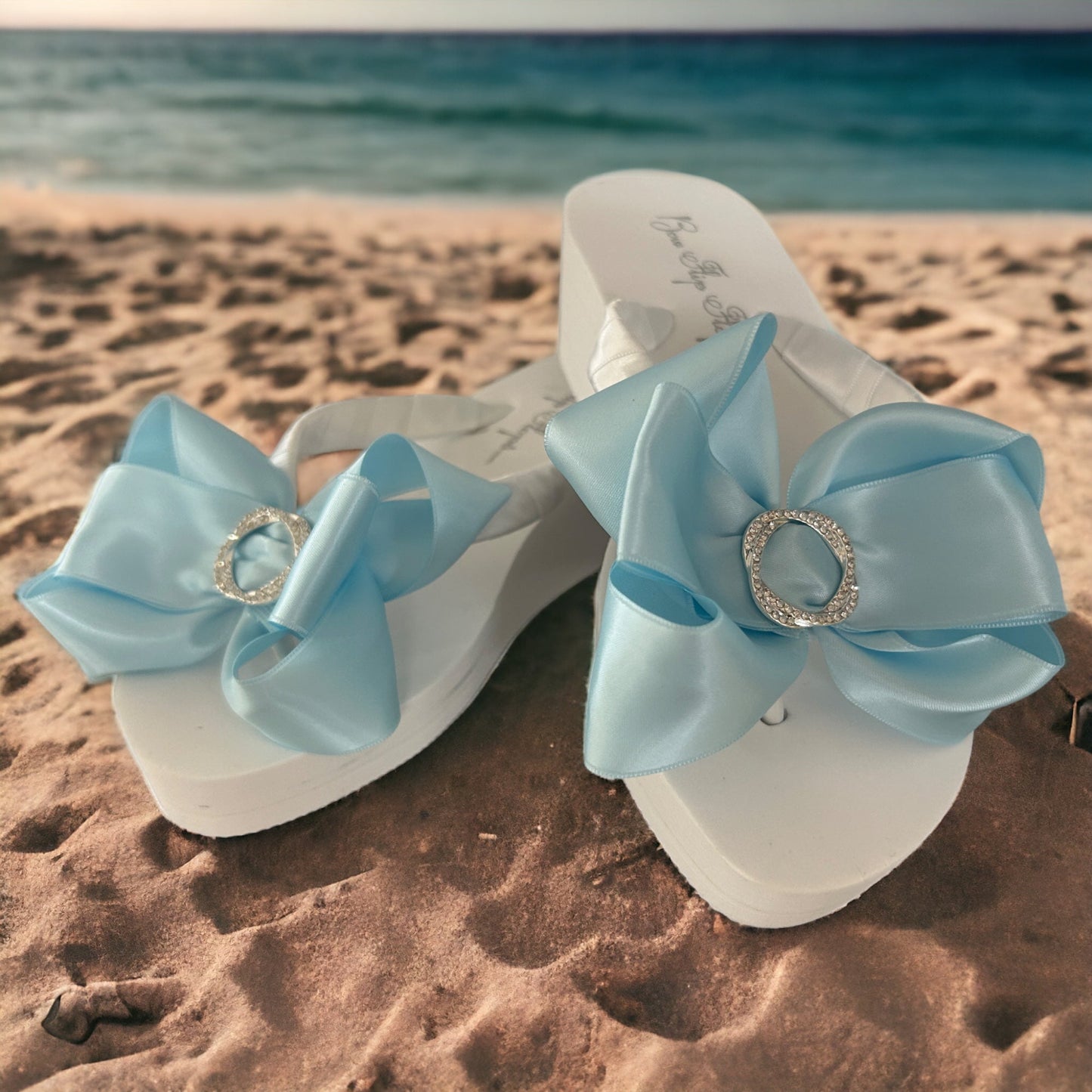 High Wedge Ivory Pearl & Rhinestone Flip Flops with Satin Bows - choose your heel height