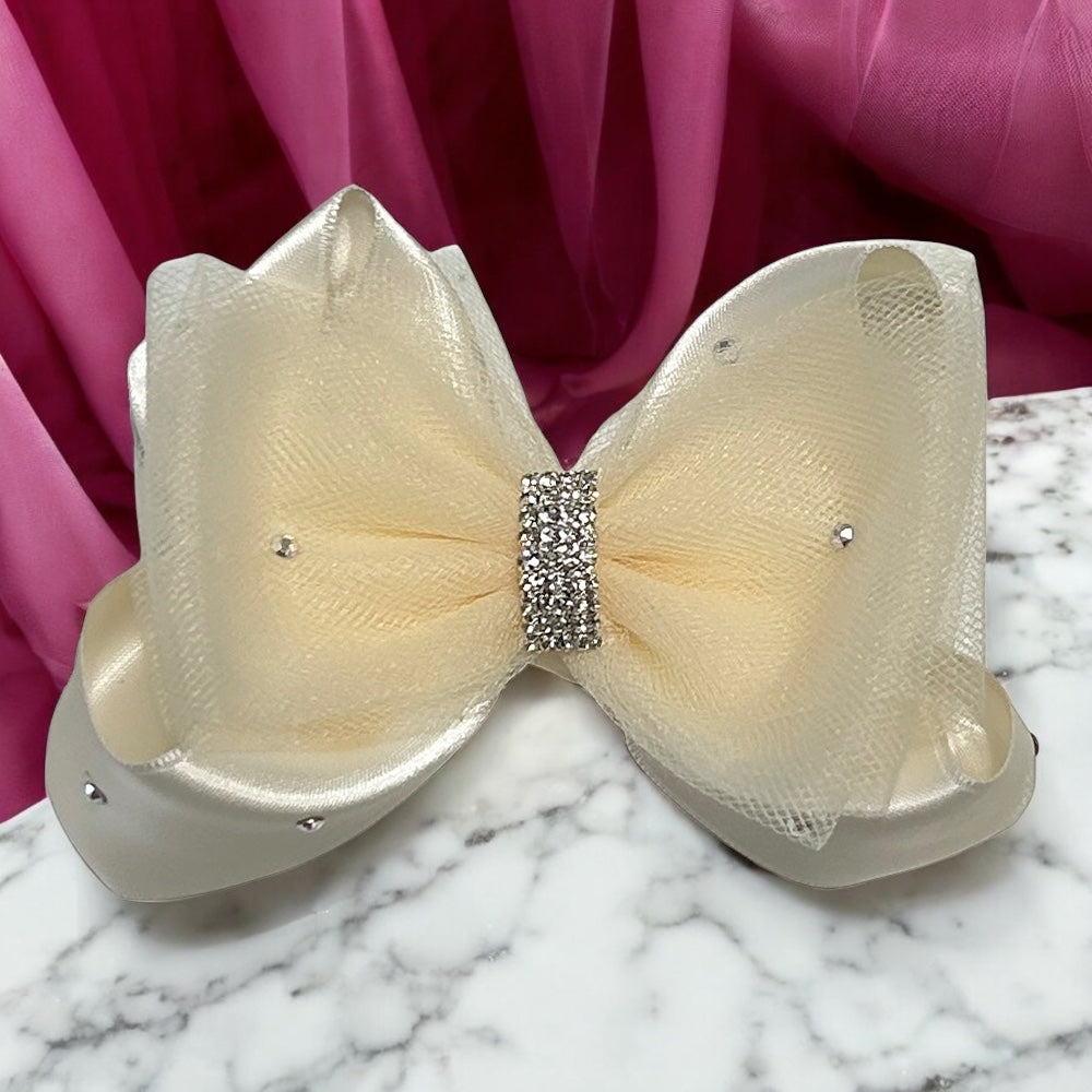 Ivory Satin Rhinestone & Tulle Hair Bow Clip, Flower Girl HairBow, Wedding, First Communion