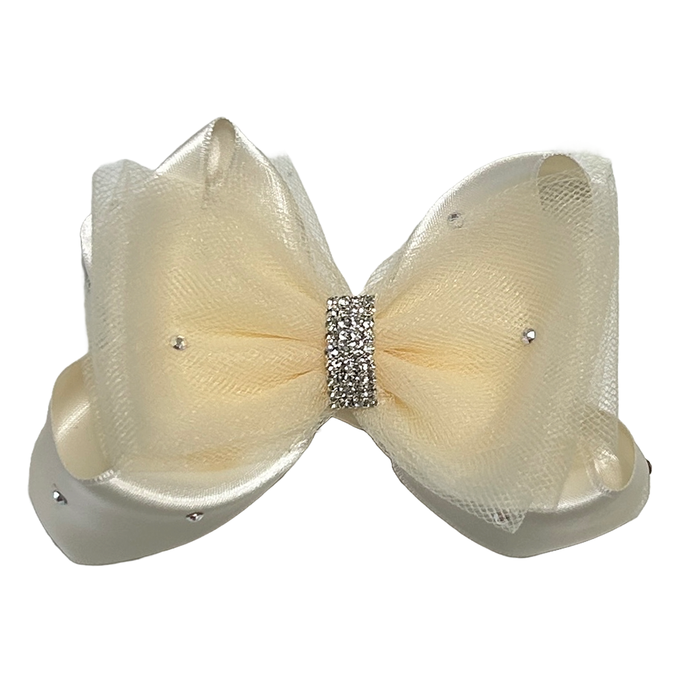 Ivory Satin Rhinestone & Tulle Hair Bow Clip, Flower Girl HairBow, Wedding, First Communion