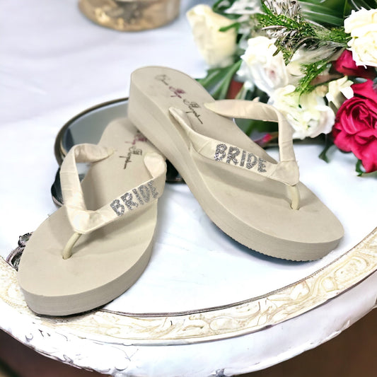 Ivory & Silver or Choose Heel Height & Colors Glitter Bride Flip Flops
