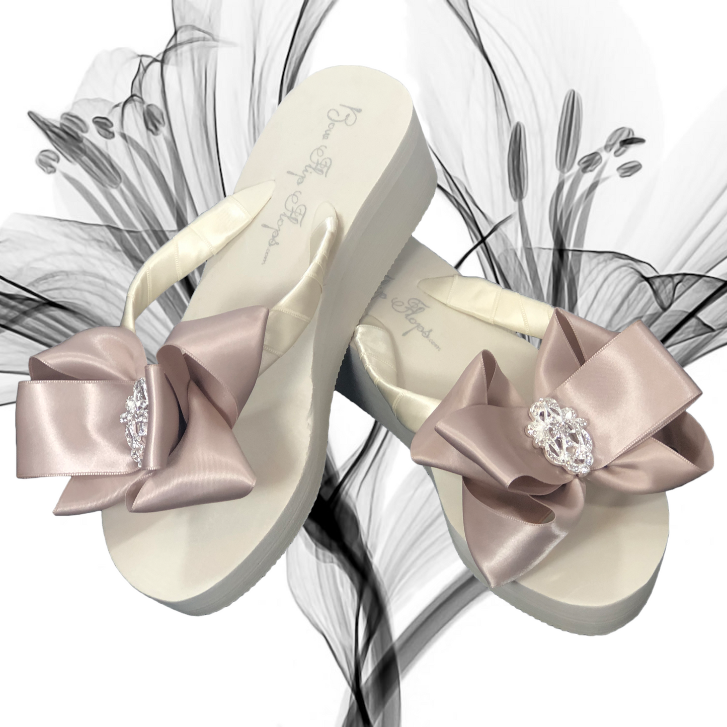 Bow Flip Flops with White Satin & Big Rhinestone Embellishment Sparkles