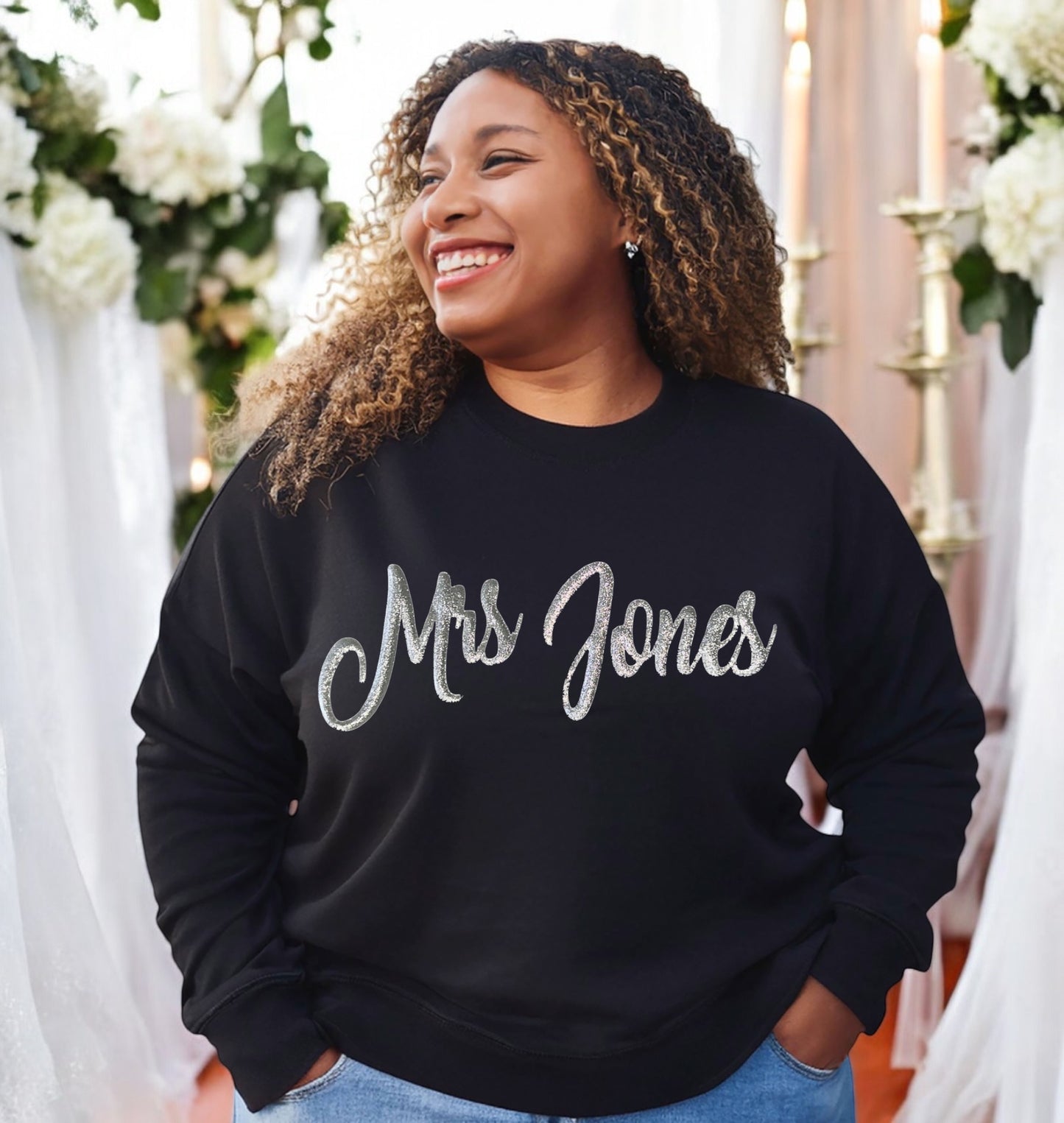 Glitter Name Sweatshirt, Teacher Coach Gift, Bridal Accessory for Honeymoon, Vow Renewal and Destination Vacation