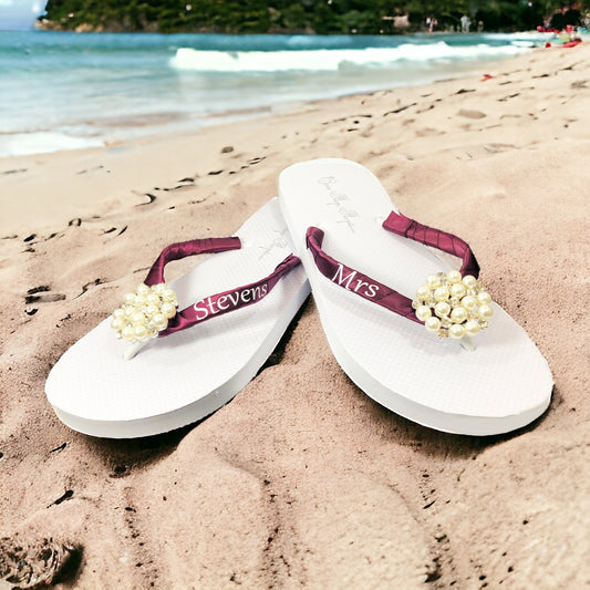 Personalized Wedding Flip Flops, Flat or Wedge with Wine Red & White