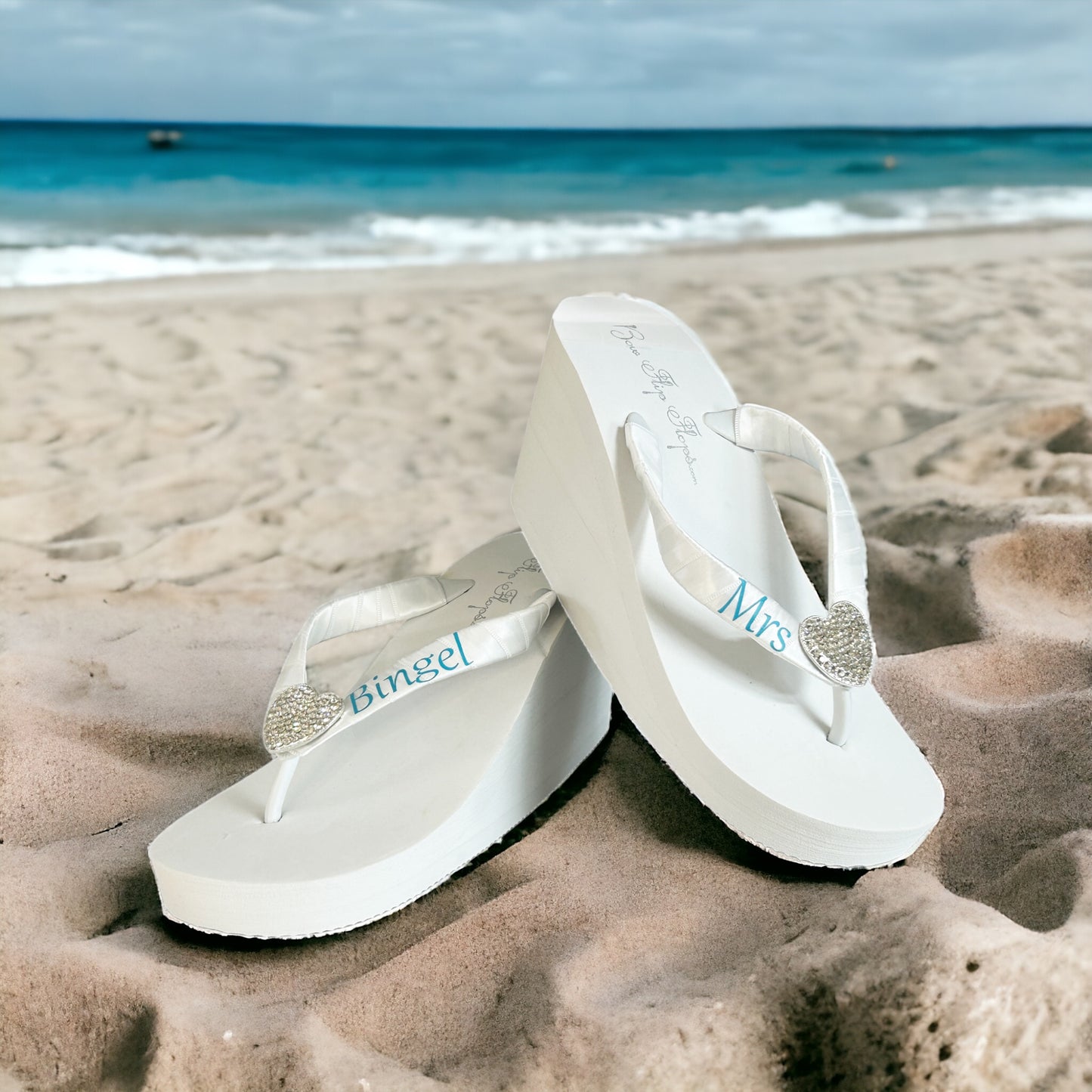 Customizable Bridal Flip Flops with Last Name, Satin & Rhinestone Embellishment