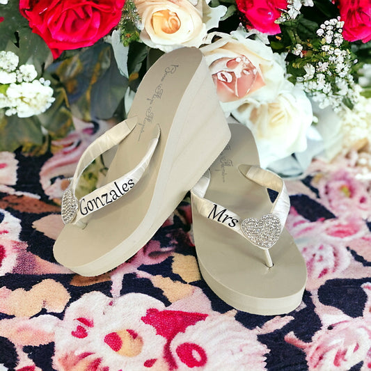 Heart Rhinestone Embellishment Bride Mrs Flip Flops in High Wedge 3.5", Choose Heel Height & Colors