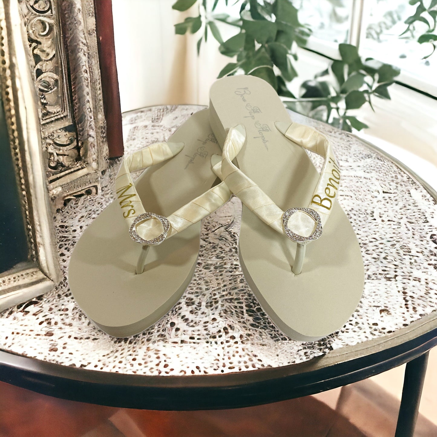 Personalized Wedding Flip Flops, Flat or Wedge with Wine Red & White