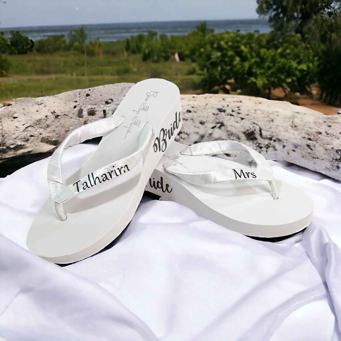 Silver Wedding Flip Flops with Script Bride and Personalized Satin Straps