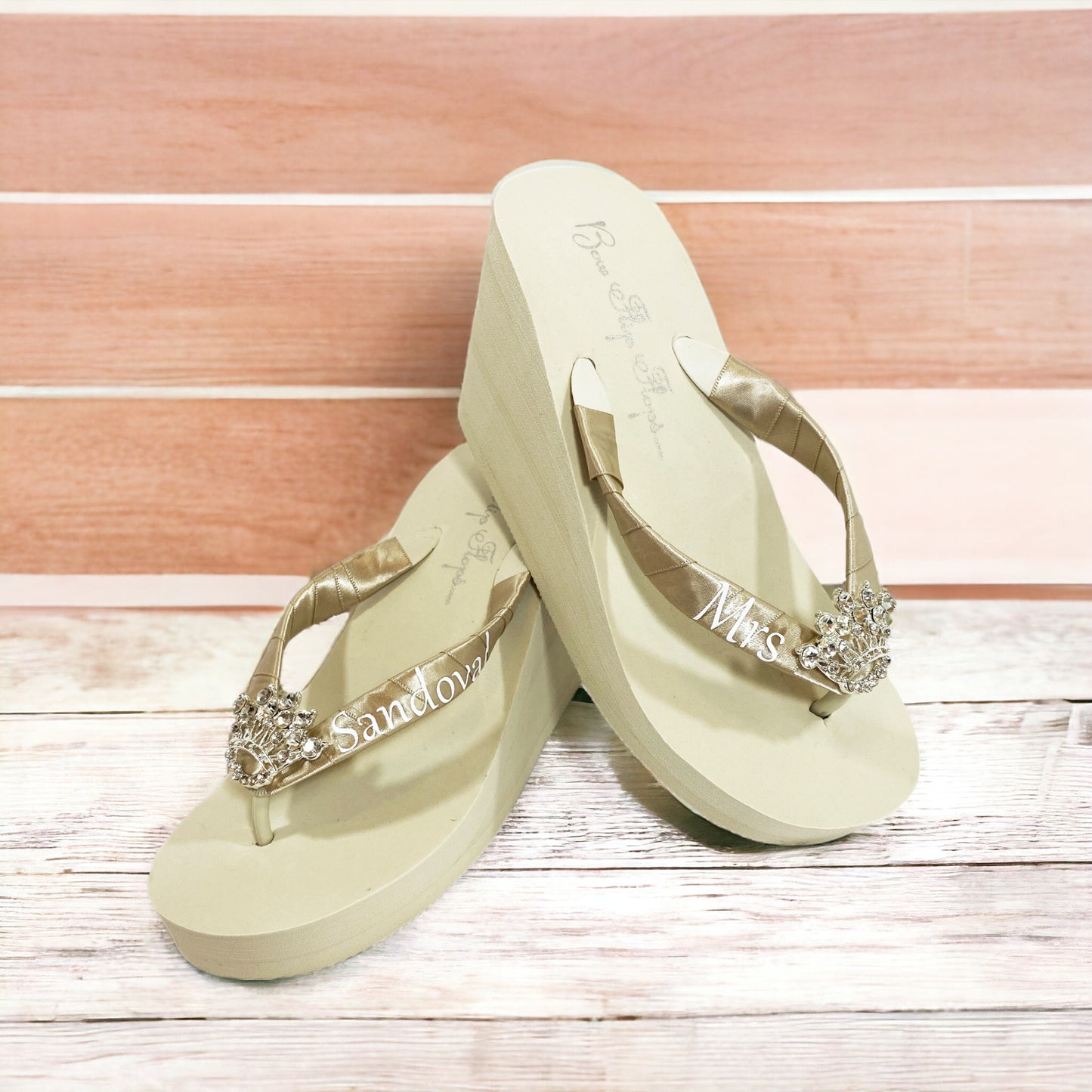 Mrs Last Name Flip Flops with Rhinestone Embellishment and Satin Ribbon