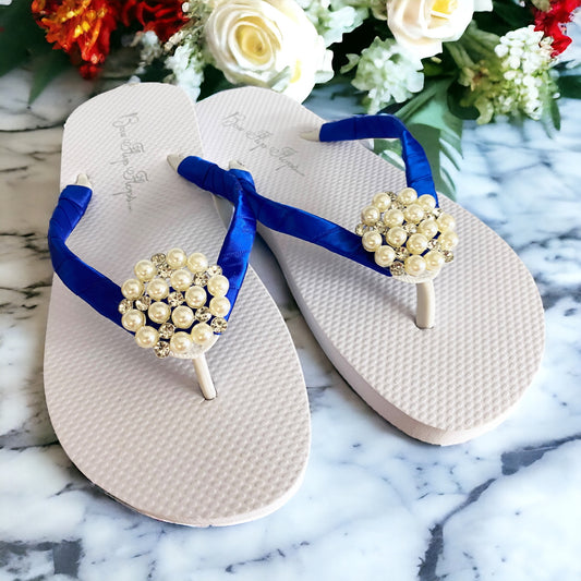 Royal Blue Satin & Pearl Flip Flops on White Flat Sandals, Bridal Party Shoes