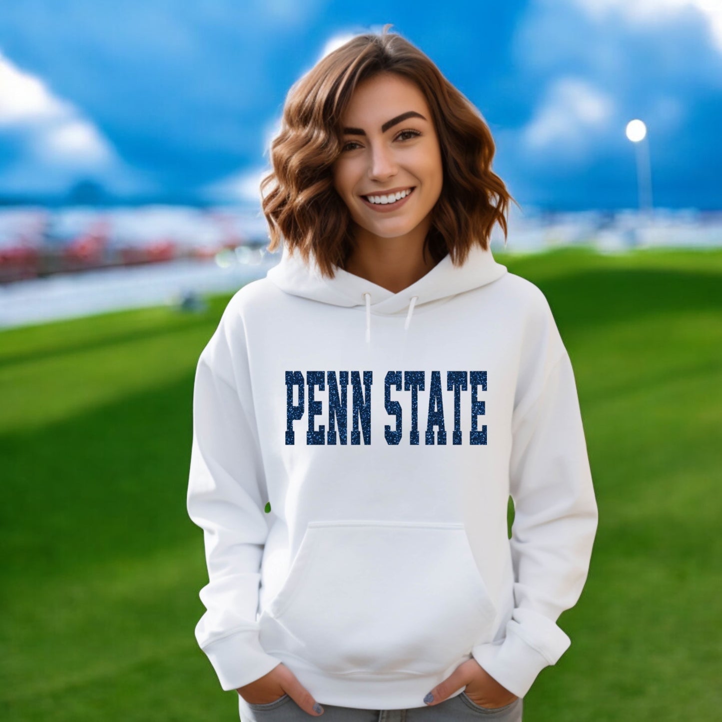 Penn State Glitter Hoodie Sweatshirt, Women's Football College in Navy White