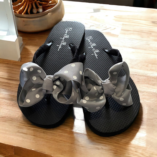 Gray & Black Polka Dot Bow Flip Flops - Choose Your Ribbon Color