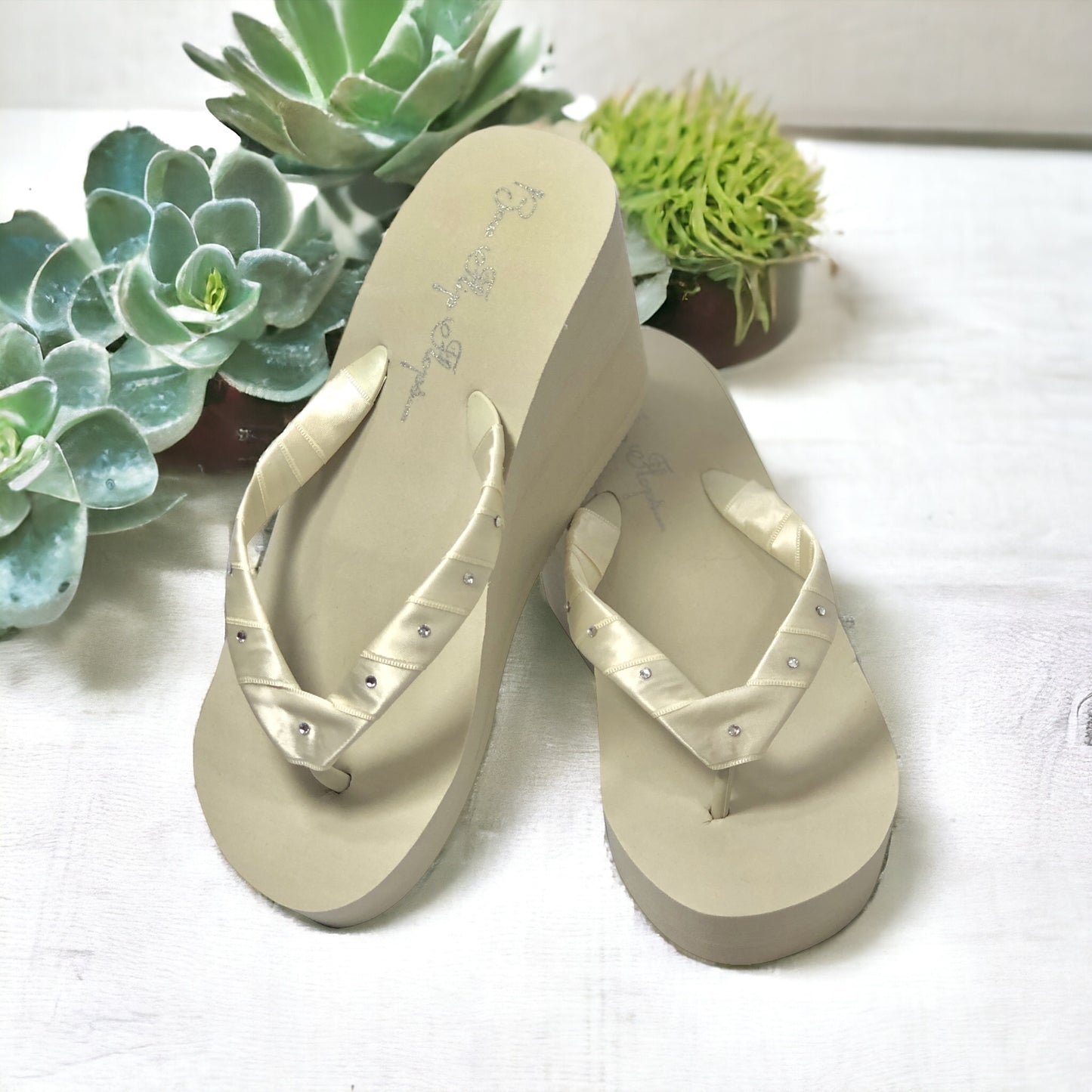 Customizable White Flip Flops with Swarovski Crystal Rhinestone Accents, Wedding Sandals, Ivory