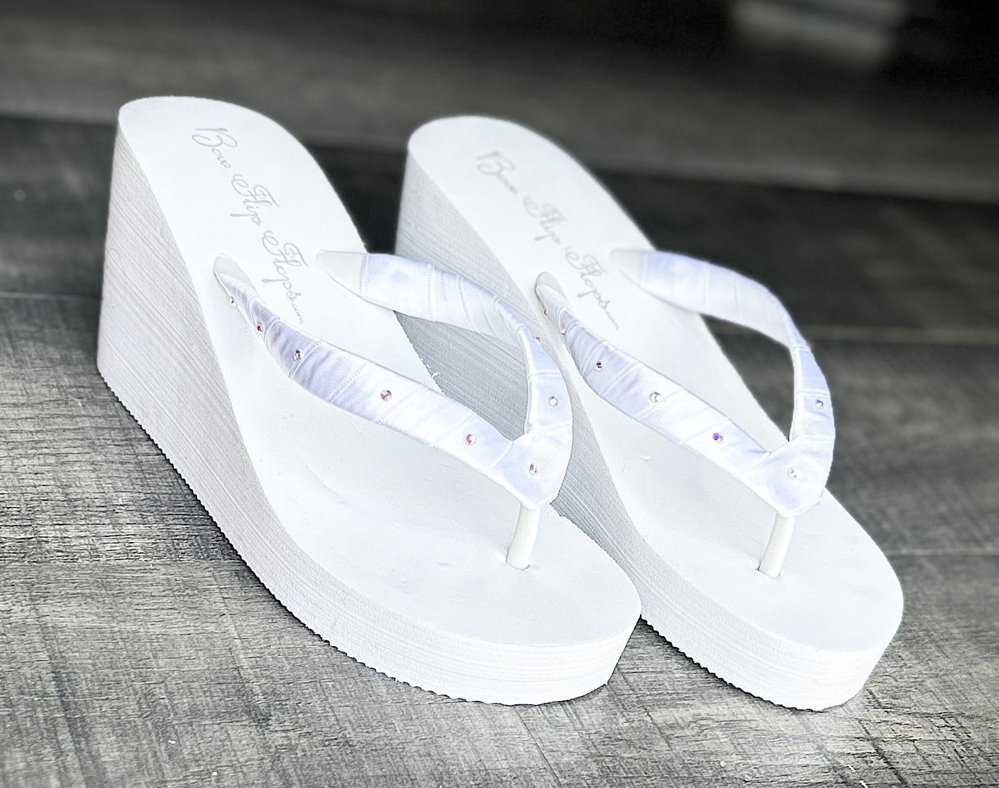 Customizable White Flip Flops with Swarovski Crystal Rhinestone Accents, Wedding Sandals, Ivory