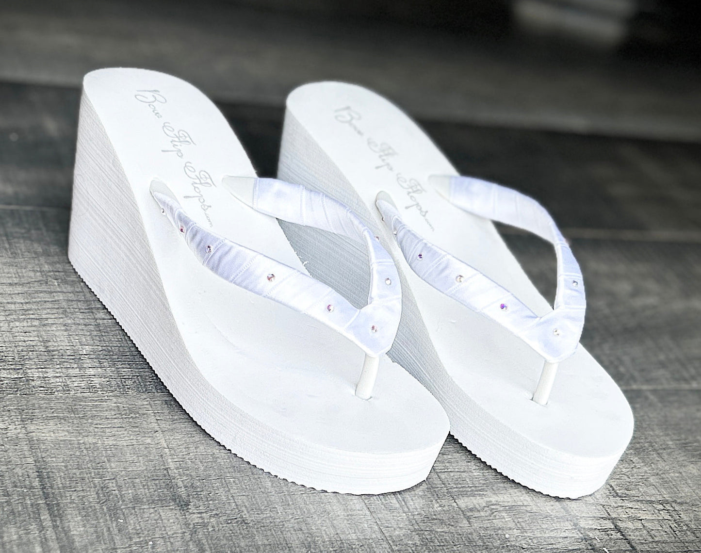 Something Light Blue Rhinestone Ivory or White Flip Flops, Choose Your Heel Height