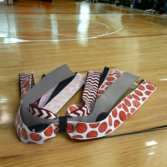 Burgundy & Gray Basketball Ponytail Bow with Glitter Sport Ribbons