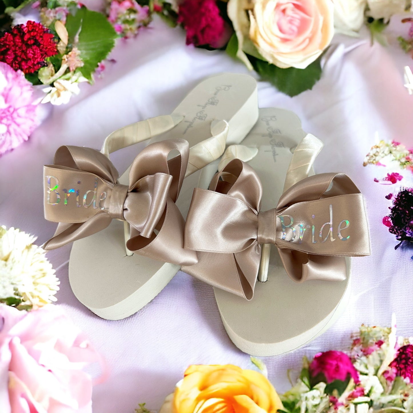 Black & Silver Bridal Bow Flip Flops, Customizable