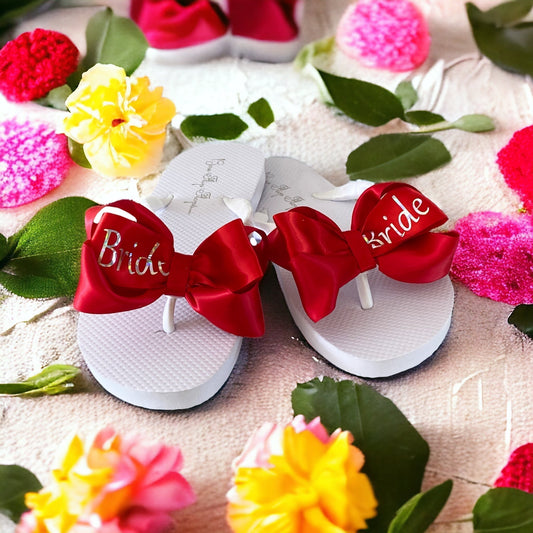 Red Satin Bow Bridal Sparkles Wedding Flip Flop, Customizable Ribbon Color