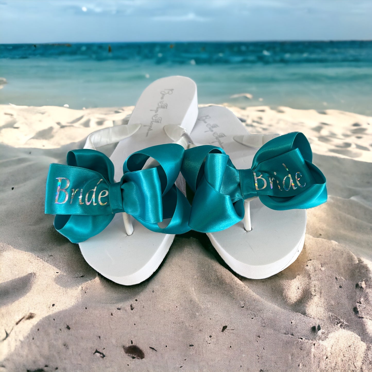 Ivory Bride Bow Flip Flops with Holographic Prism Lettering
