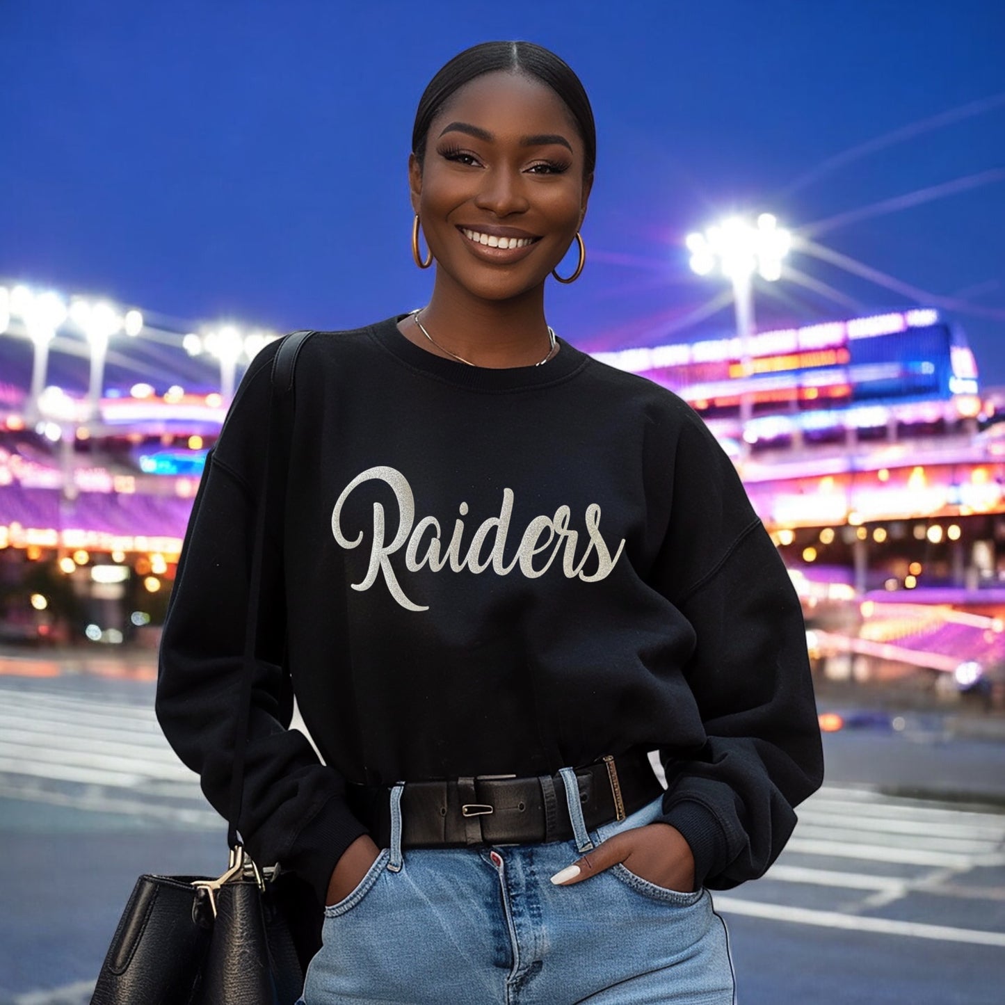 Raiders Glitter Crewneck Sweatshirt in Black with Silver Sparkles Lettering