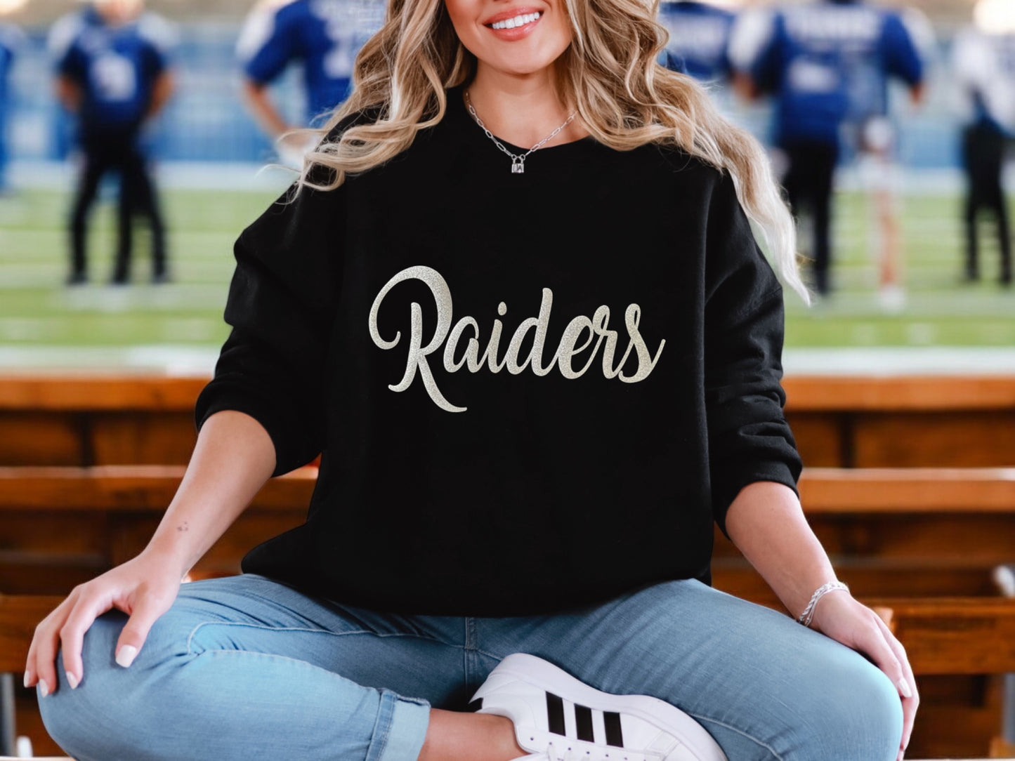 Raiders Glitter Crewneck Sweatshirt in Black with Silver Sparkles Lettering