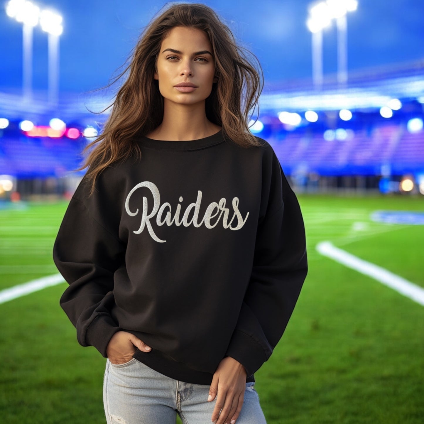 Raiders Glitter Crewneck Sweatshirt in Black with Silver Sparkles Lettering